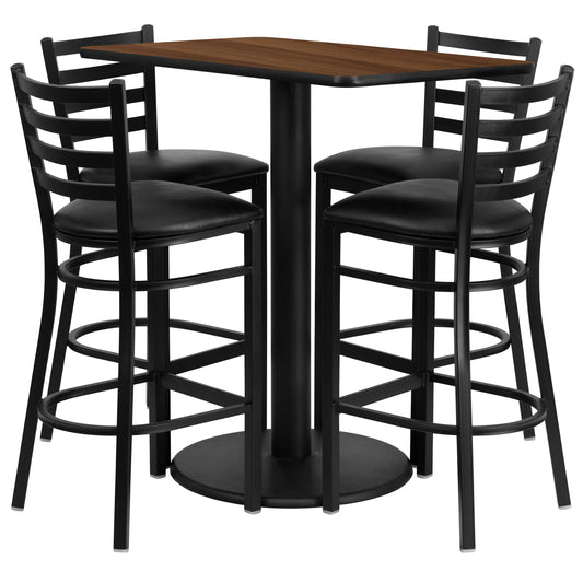 Flash Furniture RSRB1020-GG 24" x 42" Rectangular Walnut Laminate Table with 4 Ladder Back Metal Barstools (Walnut Top/Black Vinyl Seat) - Main view