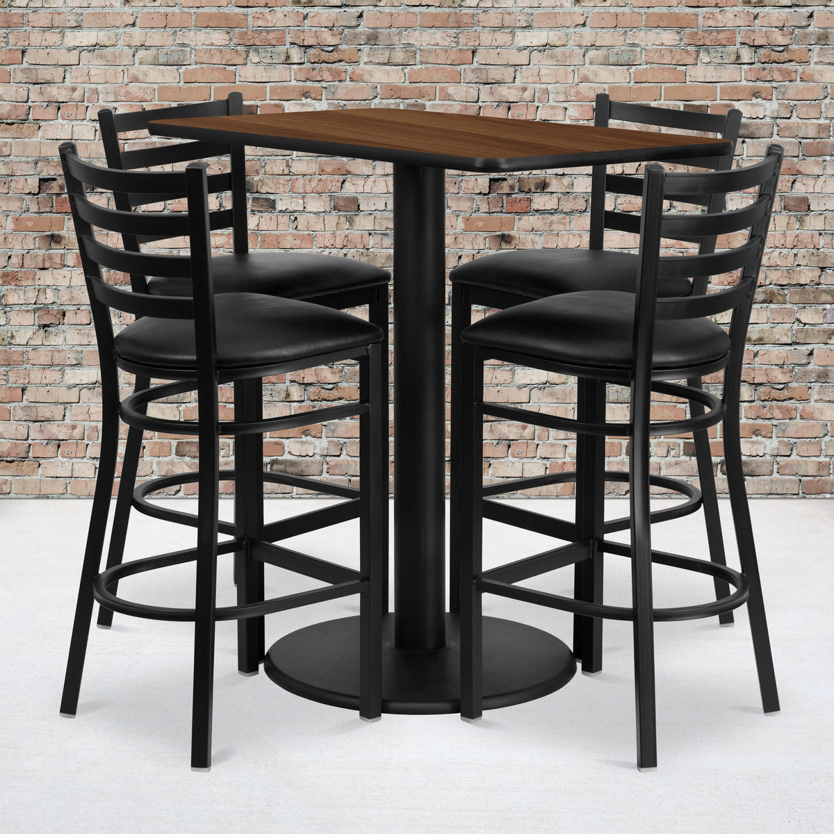Flash Furniture RSRB1020-GG 24" x 42" Rectangular Walnut Laminate Table with 4 Ladder Back Metal Barstools (Walnut Top/Black Vinyl Seat) - View 2