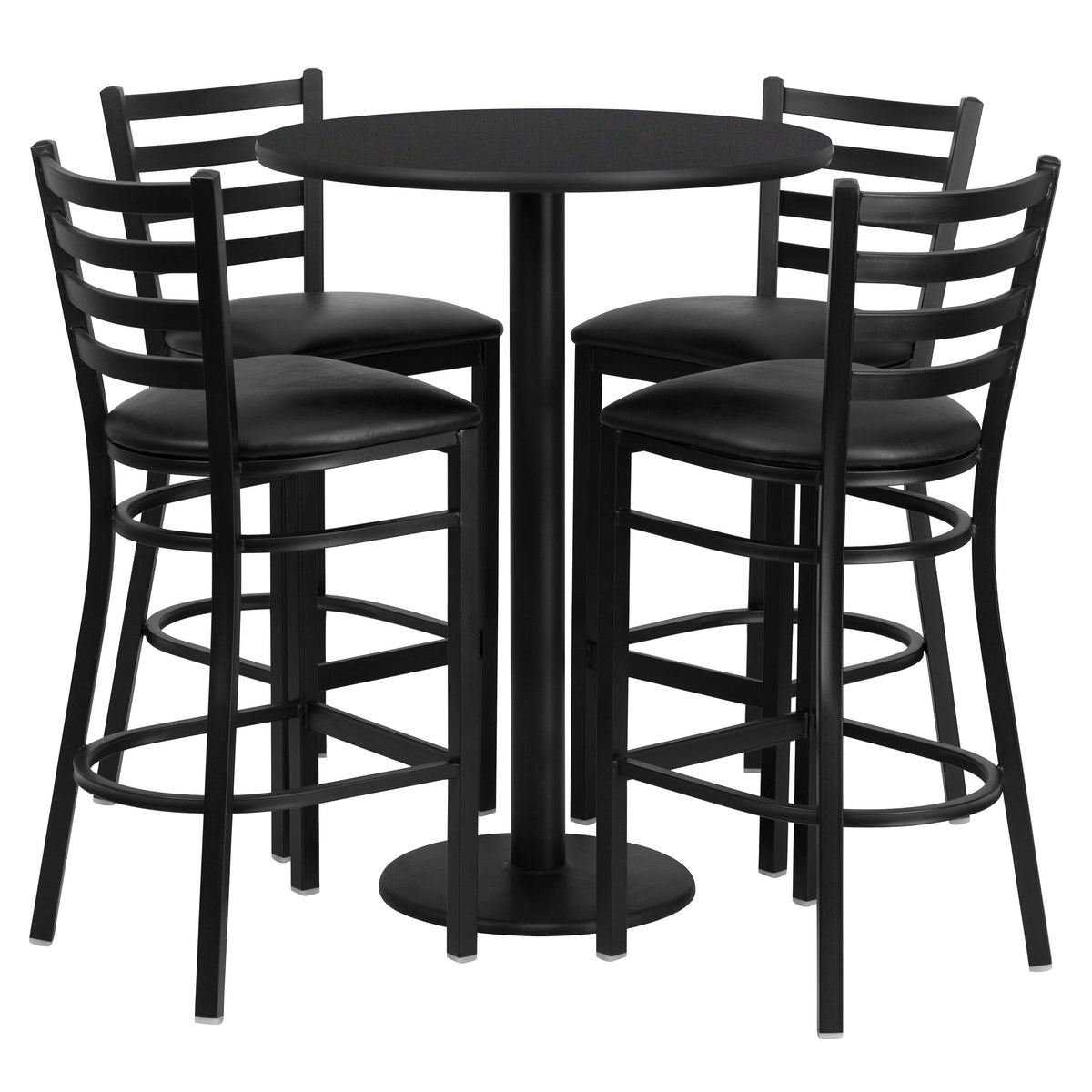 Flash Furniture RSRB1021-GG 30" Round Black Laminate Table with Round Base & 4 Ladder Back Metal Barstools (Black Top/Black Vinyl Seat) - Main view