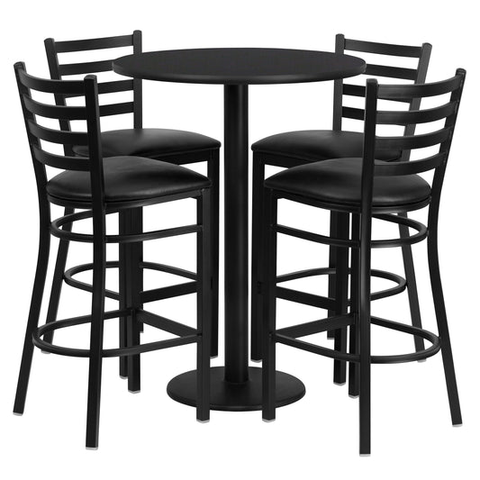 Flash Furniture RSRB1021-GG 30" Round Black Laminate Table with Round Base & 4 Ladder Back Metal Barstools (Black Top/Black Vinyl Seat) - Main view