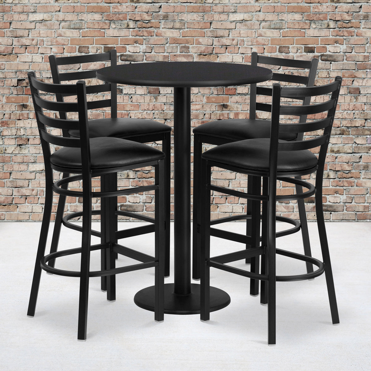 Flash Furniture RSRB1021-GG 30" Round Black Laminate Table with Round Base & 4 Ladder Back Metal Barstools (Black Top/Black Vinyl Seat) - View 2