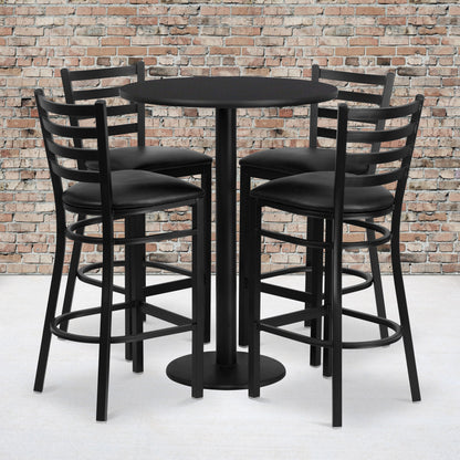 Flash Furniture RSRB1021-GG 30" Round Black Laminate Table with Round Base & 4 Ladder Back Metal Barstools (Black Top/Black Vinyl Seat) - View 2