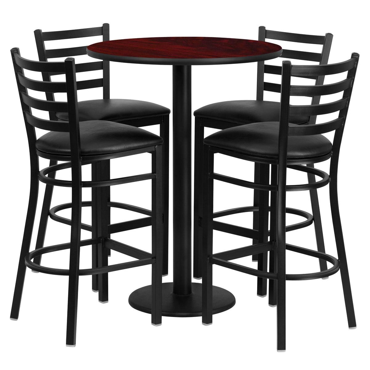 Flash Furniture RSRB1022-GG 30" Round Mahogany Laminate Table w/ Round Base & 4 Ladder Back Metal Barstools (Mahogany Top/Black Vinyl Seat) - Main view