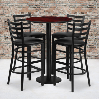 Flash Furniture RSRB1022-GG 30" Round Mahogany Laminate Table w/ Round Base & 4 Ladder Back Metal Barstools (Mahogany Top/Black Vinyl Seat) - View 2