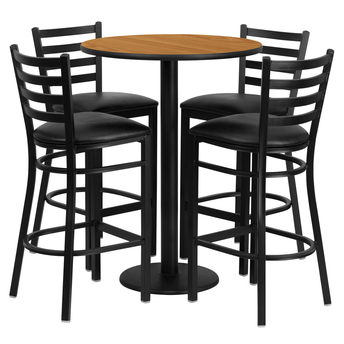 Flash Furniture RSRB1023-GG 30" Round Natural Laminate Table w/ Round Base & 4 Ladder Back Metal Barstools (Natural Top/Black Vinyl Seat) - Main view