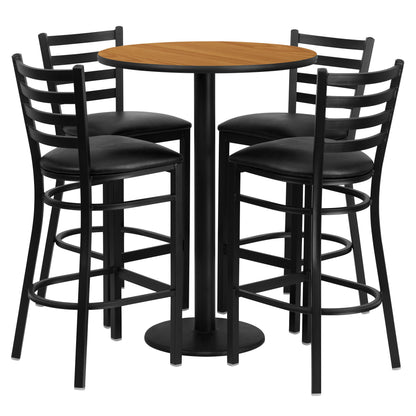 Flash Furniture RSRB1023-GG 30" Round Natural Laminate Table w/ Round Base & 4 Ladder Back Metal Barstools (Natural Top/Black Vinyl Seat) - Main view