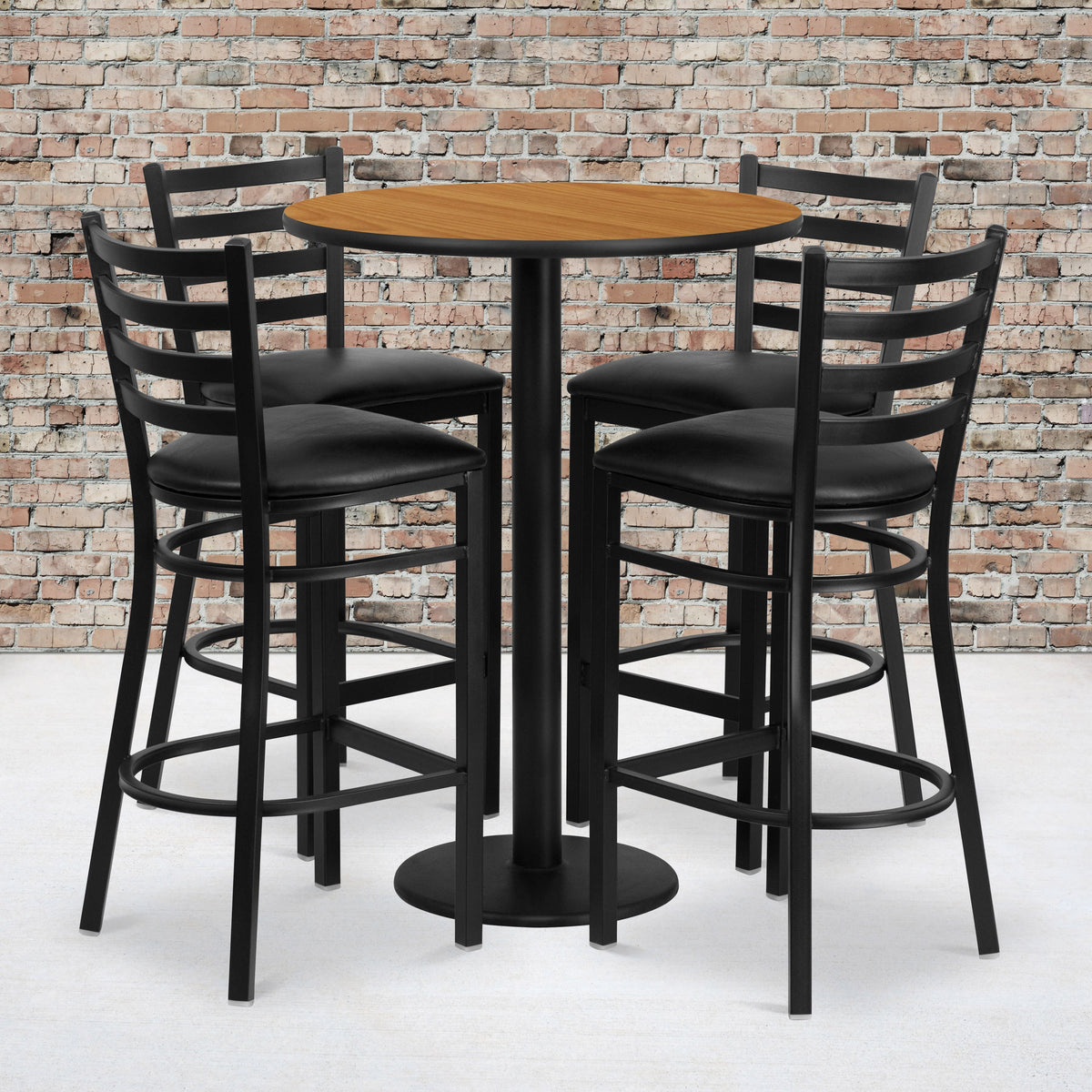 Flash Furniture RSRB1023-GG 30" Round Natural Laminate Table w/ Round Base & 4 Ladder Back Metal Barstools (Natural Top/Black Vinyl Seat) - View 2