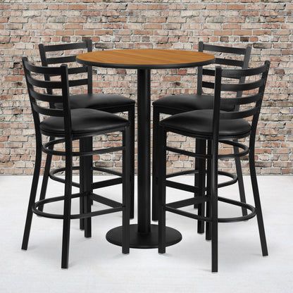 Flash Furniture RSRB1023-GG 30" Round Natural Laminate Table w/ Round Base & 4 Ladder Back Metal Barstools (Natural Top/Black Vinyl Seat) - View 2