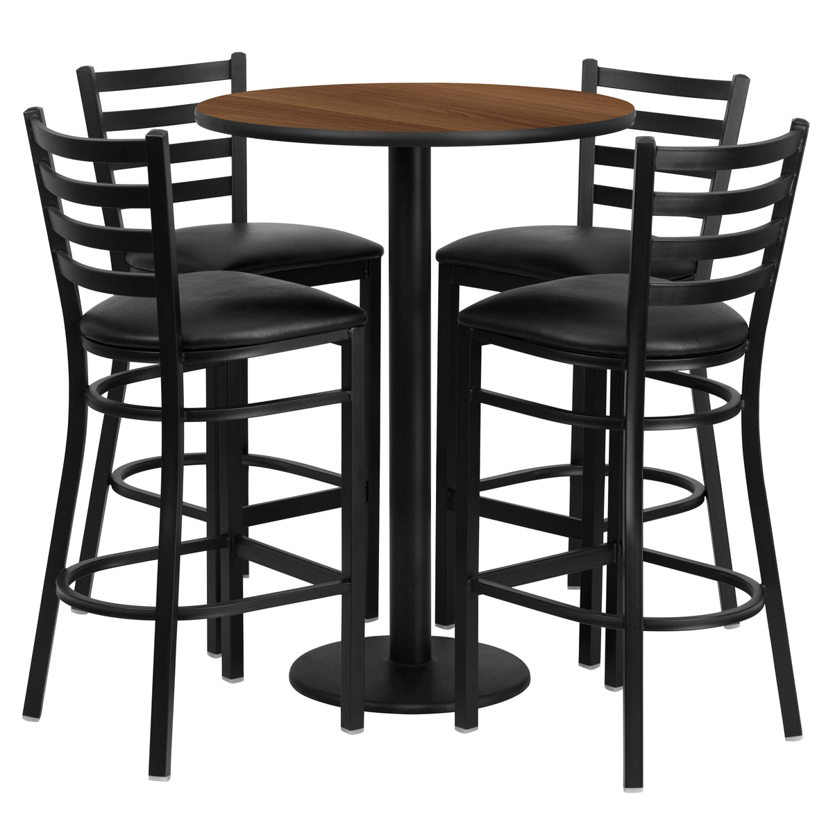 Flash Furniture RSRB1024-GG 30" Round Walnut Laminate Table w/ Round Base & 4 Ladder Back Metal Barstools (Walnut Top/Black Vinyl Seat) - Main view