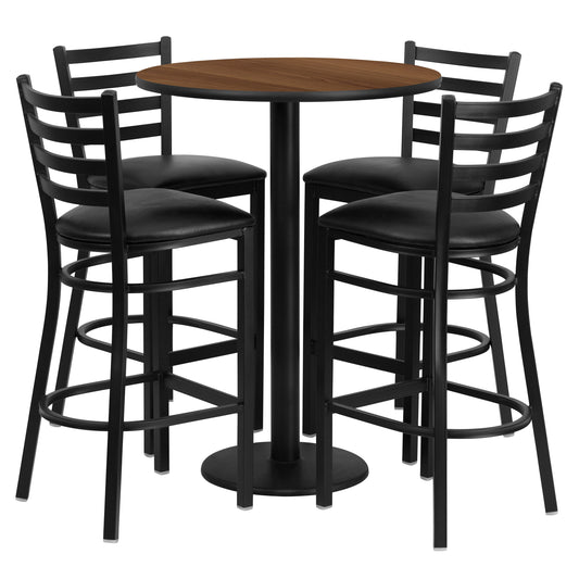 Flash Furniture RSRB1024-GG 30" Round Walnut Laminate Table w/ Round Base & 4 Ladder Back Metal Barstools (Walnut Top/Black Vinyl Seat) - Main view