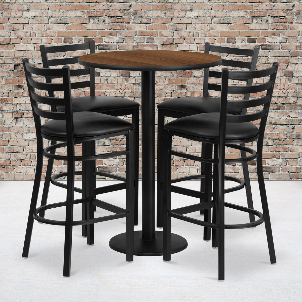 Flash Furniture RSRB1024-GG 30" Round Walnut Laminate Table w/ Round Base & 4 Ladder Back Metal Barstools (Walnut Top/Black Vinyl Seat) - View 2