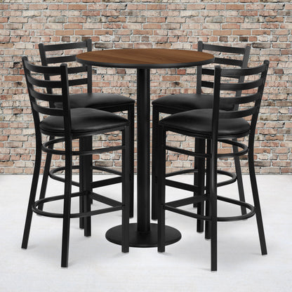 Flash Furniture RSRB1024-GG 30" Round Walnut Laminate Table w/ Round Base & 4 Ladder Back Metal Barstools (Walnut Top/Black Vinyl Seat) - View 2