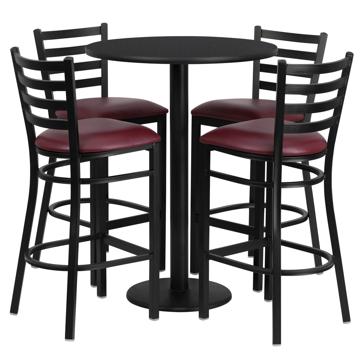 Flash Furniture RSRB1025-GG 30" Round Black Laminate Table w/ Round Base & 4 Ladder Back Metal Barstools (Black Top/Burgundy Vinyl Seat) - Main view