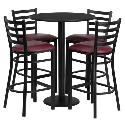Flash Furniture RSRB1025-GG 30" Round Black Laminate Table w/ Round Base & 4 Ladder Back Metal Barstools (Black Top/Burgundy Vinyl Seat) - Main view