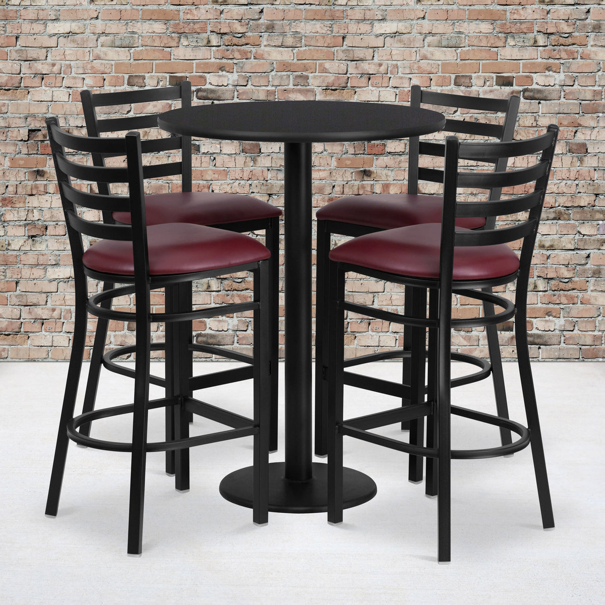Flash Furniture RSRB1025-GG 30" Round Black Laminate Table w/ Round Base & 4 Ladder Back Metal Barstools (Black Top/Burgundy Vinyl Seat) - View 2