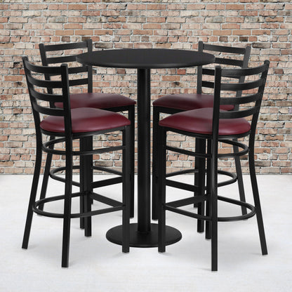 Flash Furniture RSRB1025-GG 30" Round Black Laminate Table w/ Round Base & 4 Ladder Back Metal Barstools (Black Top/Burgundy Vinyl Seat) - View 2