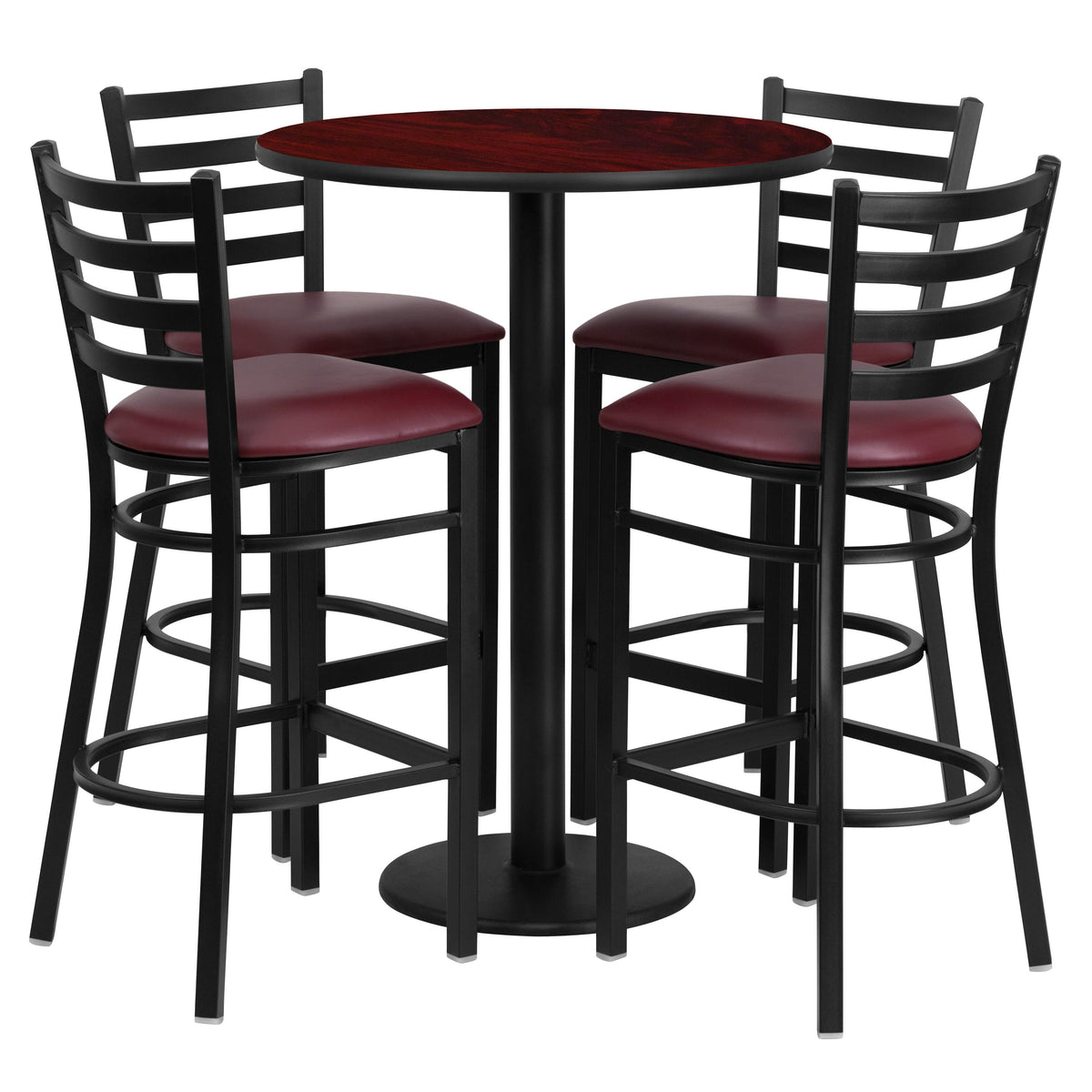 Flash Furniture RSRB1026-GG 30" Round Mahogany Laminate Table w/ Round Base & 4 Ladder Back Metal Barstools (Mahogany Top/Burgundy Vinyl Seat) - Main view