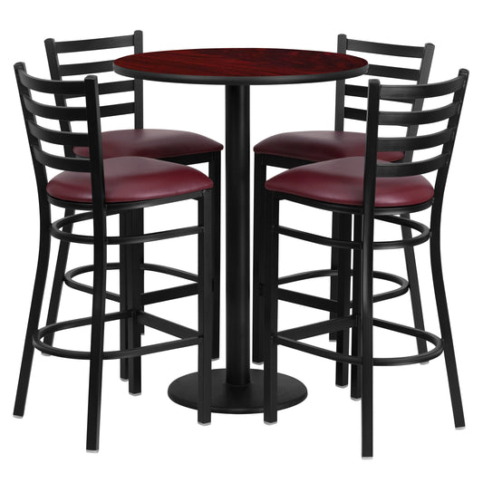 Flash Furniture RSRB1026-GG 30" Round Mahogany Laminate Table w/ Round Base & 4 Ladder Back Metal Barstools (Mahogany Top/Burgundy Vinyl Seat) - Main view