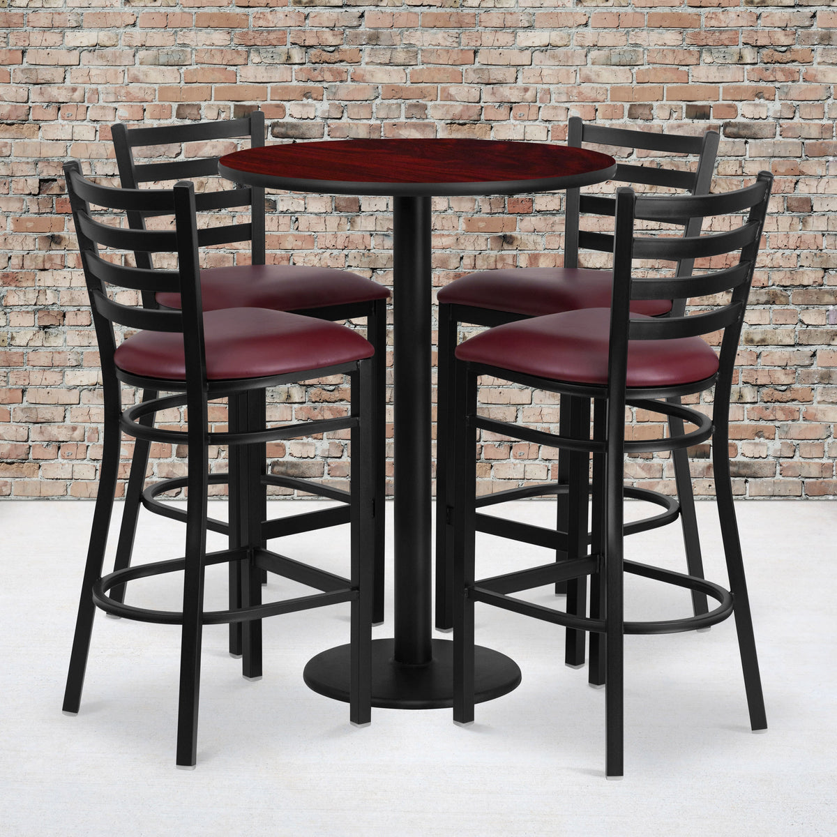 Flash Furniture RSRB1026-GG 30" Round Mahogany Laminate Table w/ Round Base & 4 Ladder Back Metal Barstools (Mahogany Top/Burgundy Vinyl Seat) - View 2