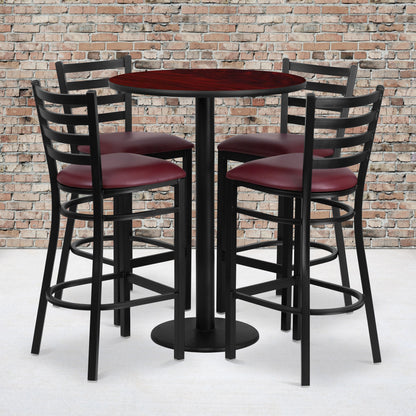 Flash Furniture RSRB1026-GG 30" Round Mahogany Laminate Table w/ Round Base & 4 Ladder Back Metal Barstools (Mahogany Top/Burgundy Vinyl Seat) - View 2