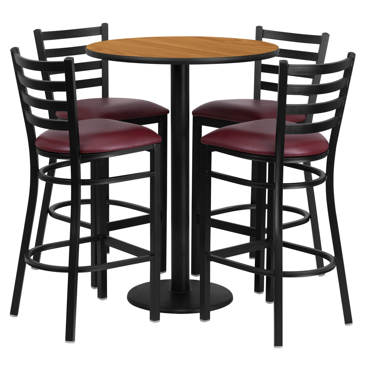 Flash Furniture RSRB1027-GG 30" Round Natural Laminate Table w/ Round Base & 4 Ladder Back Metal Barstools (Natural Top/Burgundy Vinyl Seat) - Main view