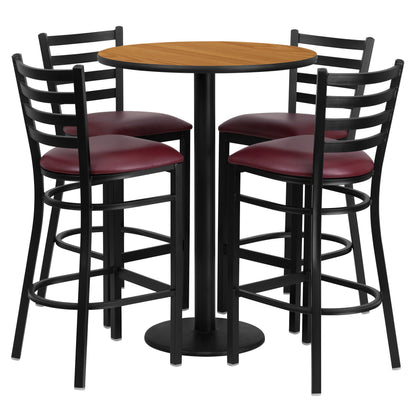 Flash Furniture RSRB1027-GG 30" Round Natural Laminate Table w/ Round Base & 4 Ladder Back Metal Barstools (Natural Top/Burgundy Vinyl Seat) - Main view