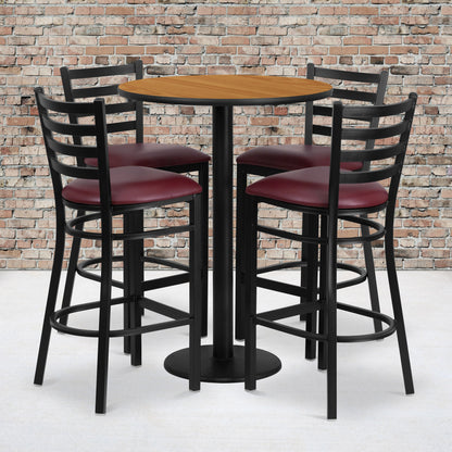 Flash Furniture RSRB1027-GG 30" Round Natural Laminate Table w/ Round Base & 4 Ladder Back Metal Barstools (Natural Top/Burgundy Vinyl Seat) - View 2