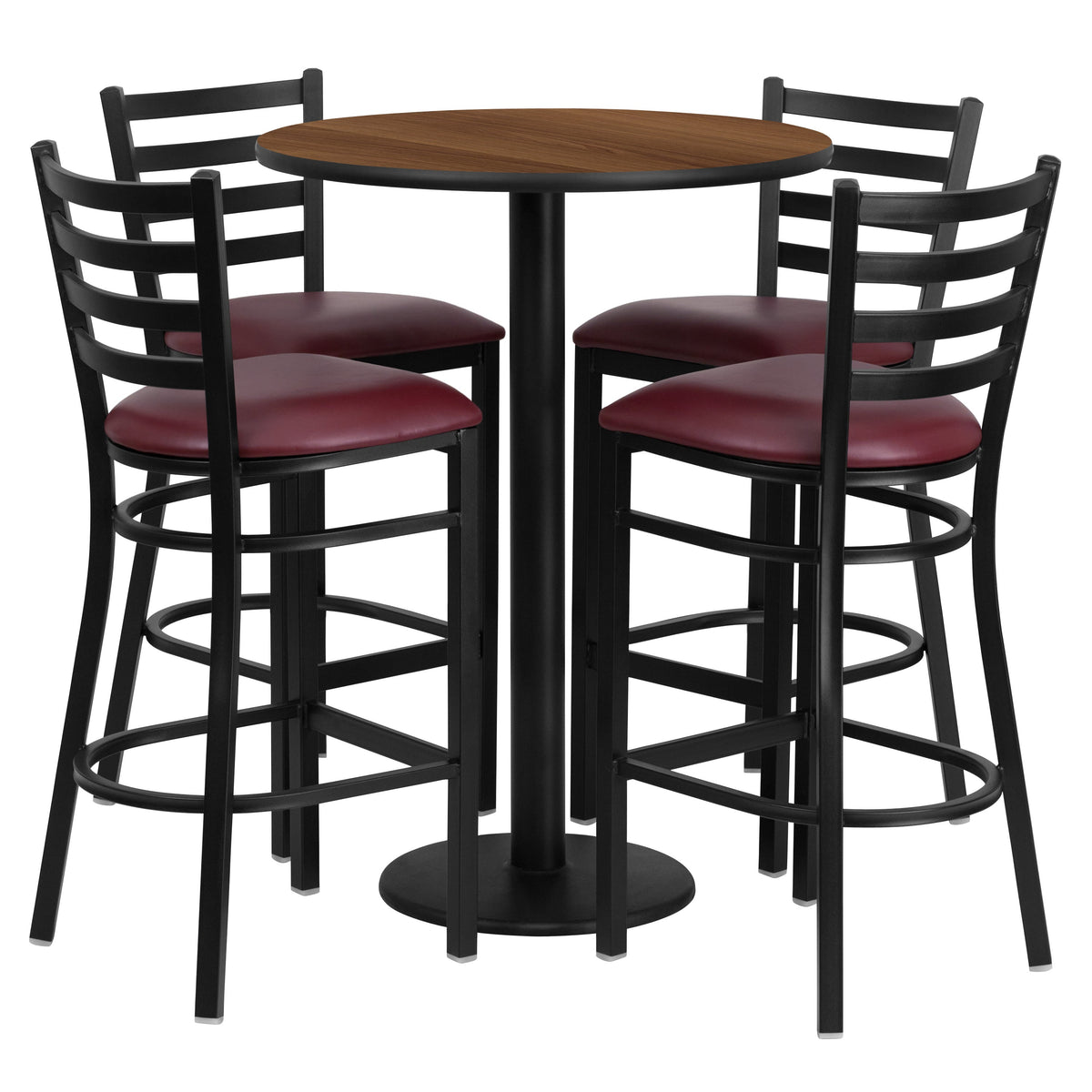 Flash Furniture RSRB1028-GG 30" Round Walnut Laminate Table with Round Base & 4 Ladder Back Metal Barstools (Walnut Top/Burgundy Vinyl Seat) - Main view