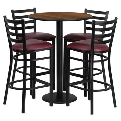 Flash Furniture RSRB1028-GG 30" Round Walnut Laminate Table with Round Base & 4 Ladder Back Metal Barstools (Walnut Top/Burgundy Vinyl Seat) - Main view
