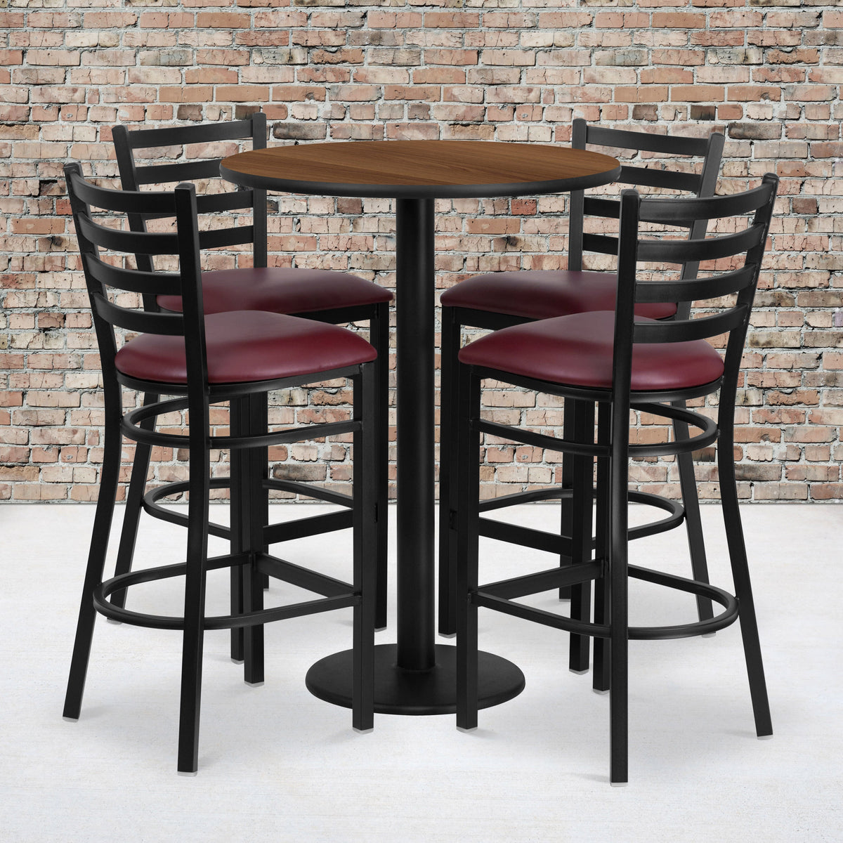 Flash Furniture RSRB1028-GG 30" Round Walnut Laminate Table with Round Base & 4 Ladder Back Metal Barstools (Walnut Top/Burgundy Vinyl Seat) - View 2