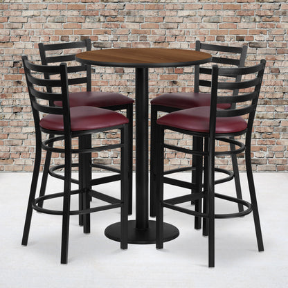 Flash Furniture RSRB1028-GG 30" Round Walnut Laminate Table with Round Base & 4 Ladder Back Metal Barstools (Walnut Top/Burgundy Vinyl Seat) - View 2