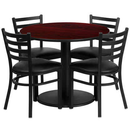 Flash Furniture RSRB1030-GG 36" Round Mahogany Laminate Table with Round Base & 4 Ladder Back Metal Chairs (Mahogany Top/Black Vinyl Seat) - Main view