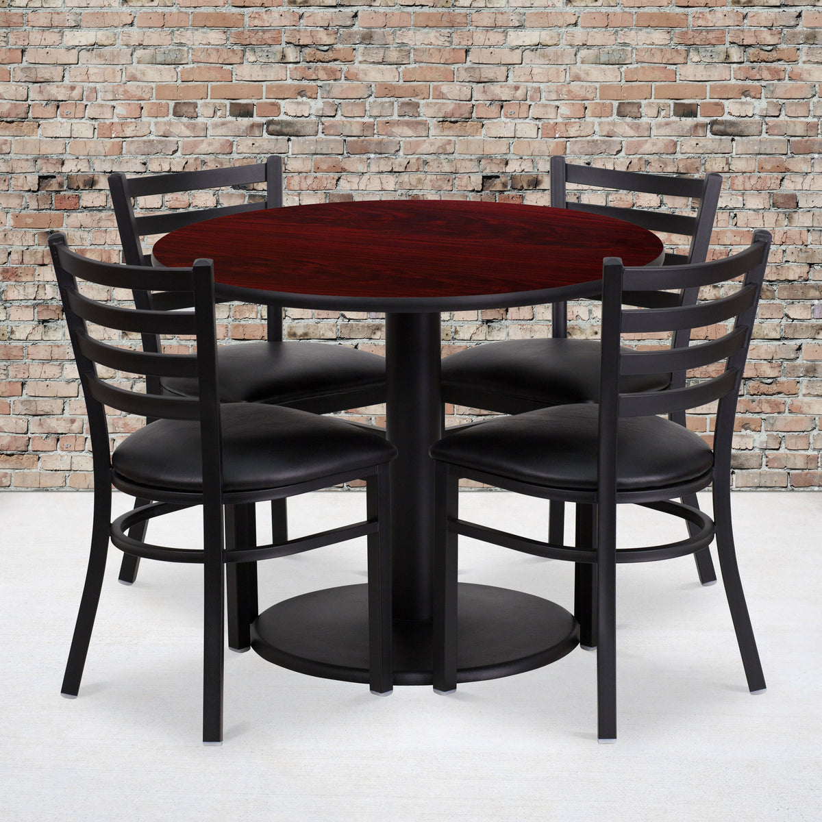 Flash Furniture RSRB1030-GG 36" Round Mahogany Laminate Table with Round Base & 4 Ladder Back Metal Chairs (Mahogany Top/Black Vinyl Seat) - View 2
