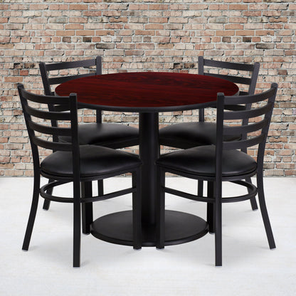 Flash Furniture RSRB1030-GG 36" Round Mahogany Laminate Table with Round Base & 4 Ladder Back Metal Chairs (Mahogany Top/Black Vinyl Seat) - View 2