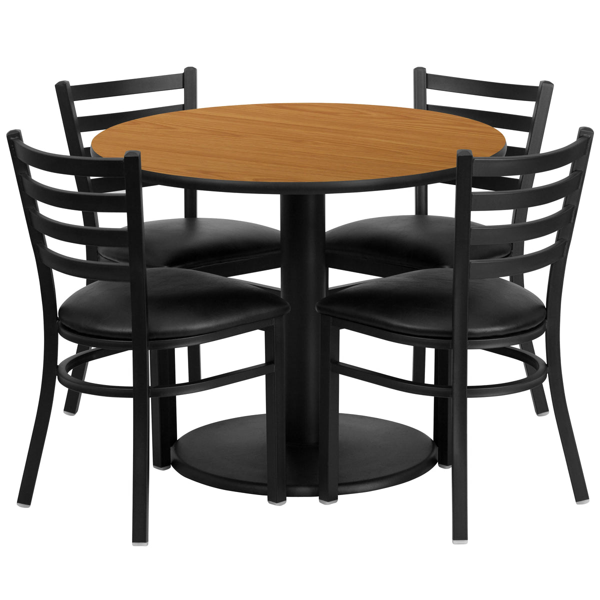 Flash Furniture RSRB1031-GG 36" Round Natural Laminate Table with Round Base and 4 Ladder Back Metal Chairs (Natural Top/Black Vinyl Seat) - Main view