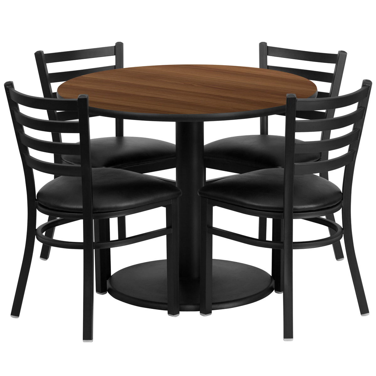 Flash Furniture RSRB1032-GG 36" Round Walnut Laminate Table with Round Base and 4 Ladder Back Metal Chairs (Walnut Top/Black Vinyl Seat) - Main view