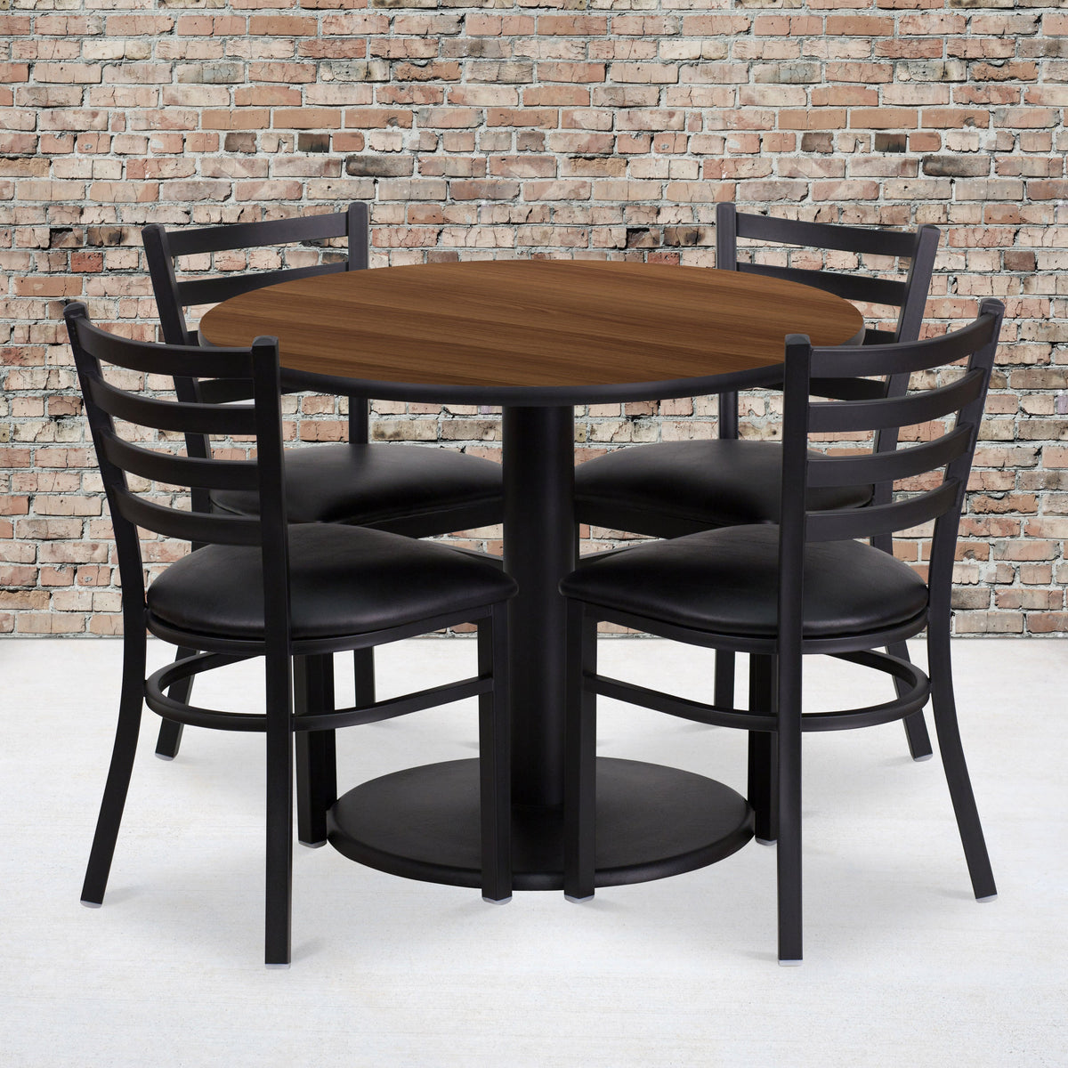 Flash Furniture RSRB1032-GG 36" Round Walnut Laminate Table with Round Base and 4 Ladder Back Metal Chairs (Walnut Top/Black Vinyl Seat) - View 2