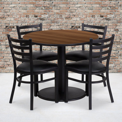 Flash Furniture RSRB1032-GG 36" Round Walnut Laminate Table with Round Base and 4 Ladder Back Metal Chairs (Walnut Top/Black Vinyl Seat) - View 2