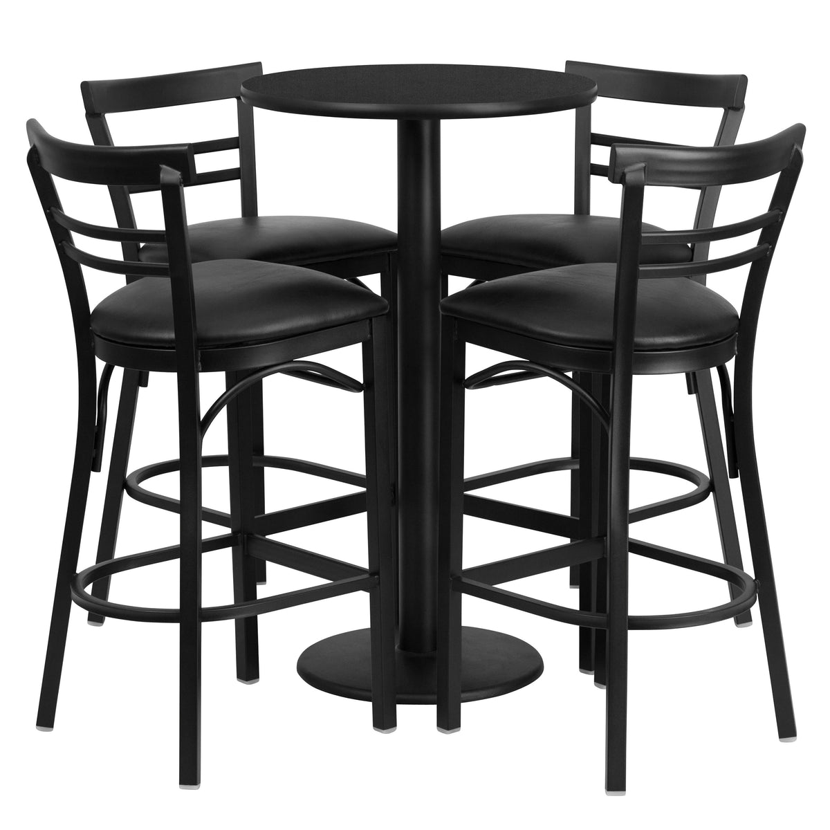 Flash Furniture RSRB1033-GG 24" Round Black Laminate Table with Round Base & 4 Ladder Back Metal Barstools (Black Top/Black Vinyl Seat) - Main view