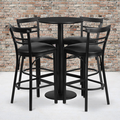 Flash Furniture RSRB1033-GG 24" Round Black Laminate Table with Round Base & 4 Ladder Back Metal Barstools (Black Top/Black Vinyl Seat) - View 2