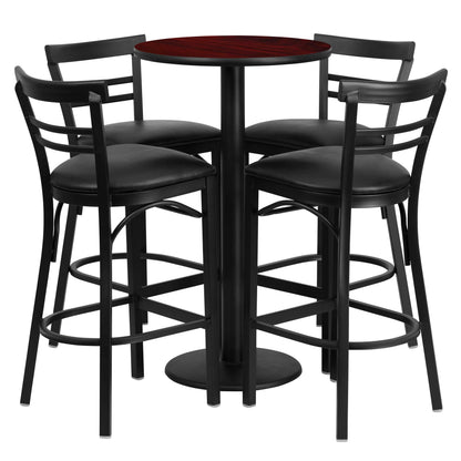 Flash Furniture RSRB1034-GG 24" Round Mahogany Laminate Table w/ Round Base & 4 Ladder Back Metal Barstools (Mahogany Top/Black Vinyl Seat) - Main view