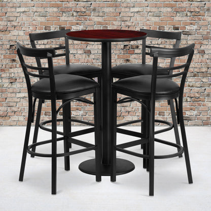 Flash Furniture RSRB1034-GG 24" Round Mahogany Laminate Table w/ Round Base & 4 Ladder Back Metal Barstools (Mahogany Top/Black Vinyl Seat) - View 2