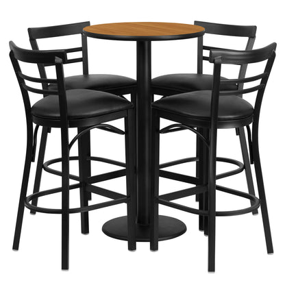 Flash Furniture RSRB1035-GG 24" Round Natural Laminate Table with Round Base & 4 Ladder Back Metal Barstools (Natural Top/Black Vinyl Seat) - Main view