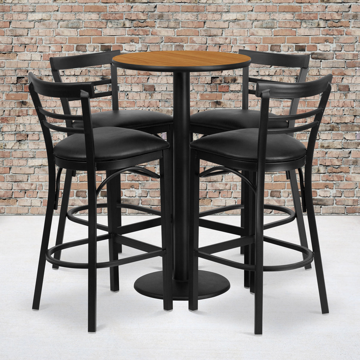 Flash Furniture RSRB1035-GG 24" Round Natural Laminate Table with Round Base & 4 Ladder Back Metal Barstools (Natural Top/Black Vinyl Seat) - View 2