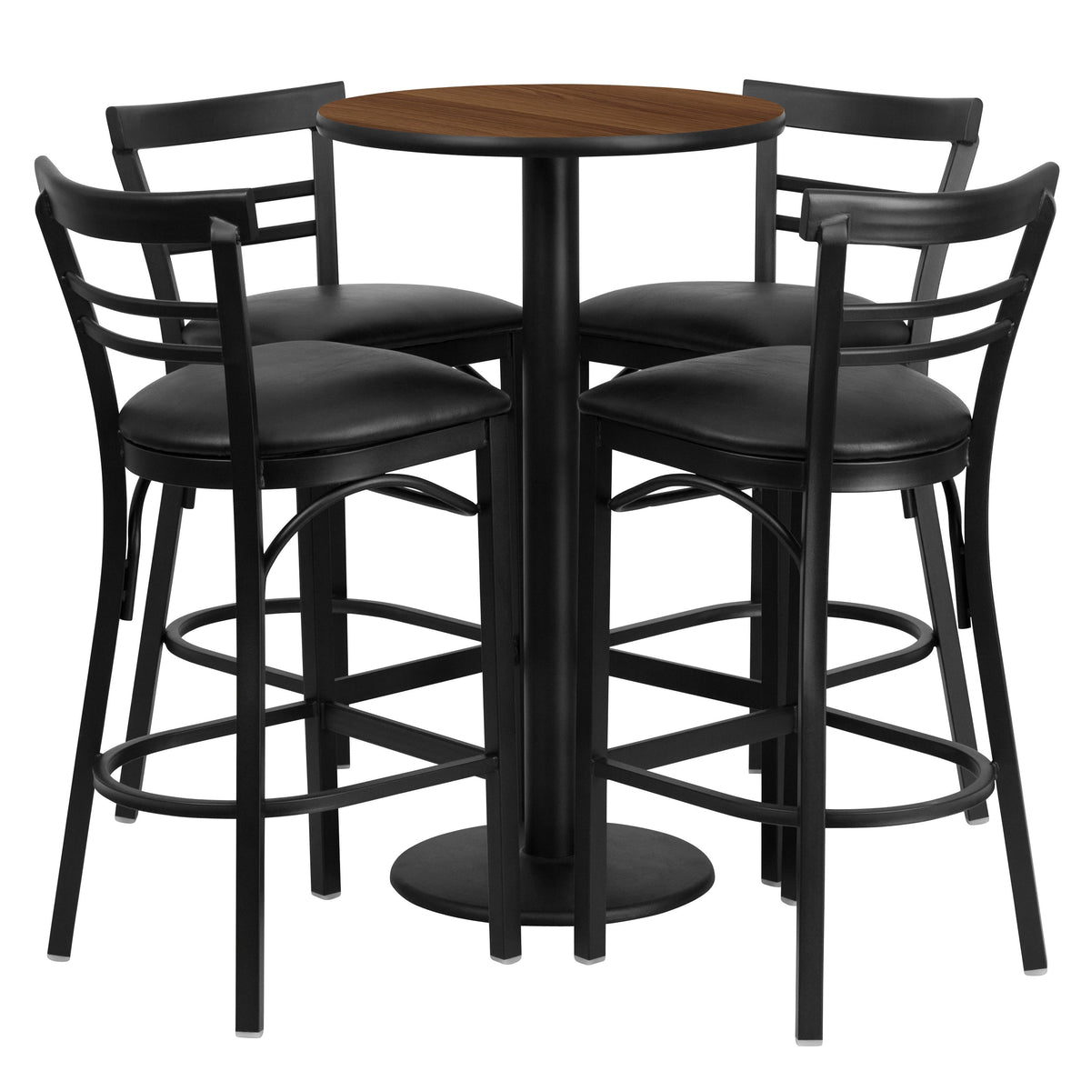 Flash Furniture RSRB1036-GG 24" Round Walnut Laminate Table with Round Base & 4 Ladder Back Metal Barstools (Walnut Top/Black Vinyl Seat) - Main view