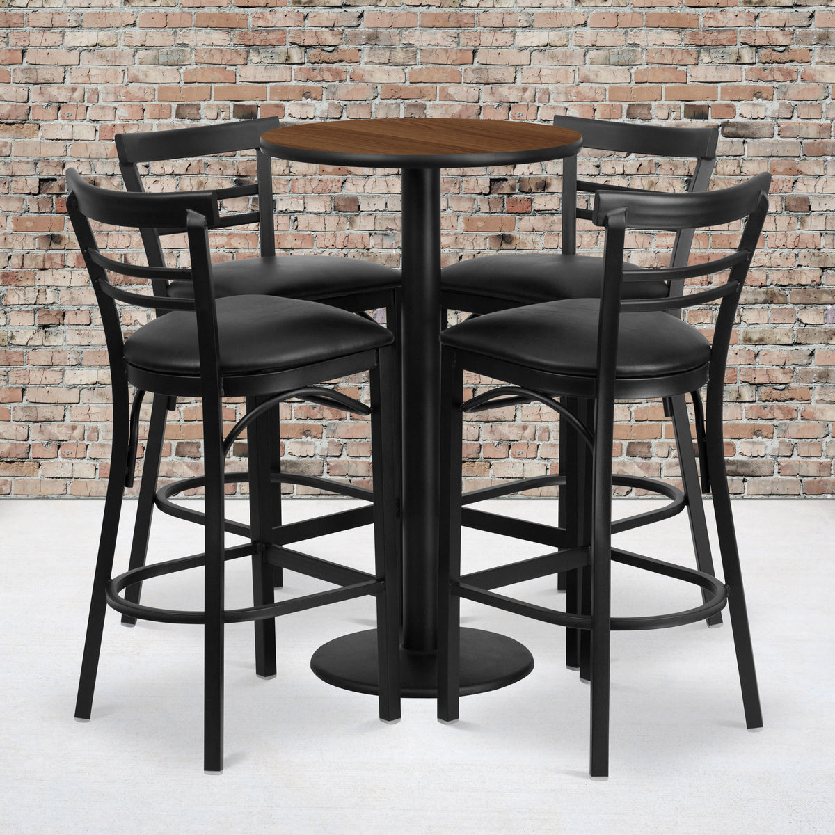 Flash Furniture RSRB1036-GG 24" Round Walnut Laminate Table with Round Base & 4 Ladder Back Metal Barstools (Walnut Top/Black Vinyl Seat) - View 2