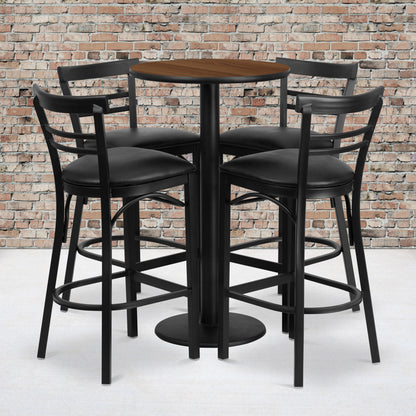Flash Furniture RSRB1036-GG 24" Round Walnut Laminate Table with Round Base & 4 Ladder Back Metal Barstools (Walnut Top/Black Vinyl Seat) - View 2