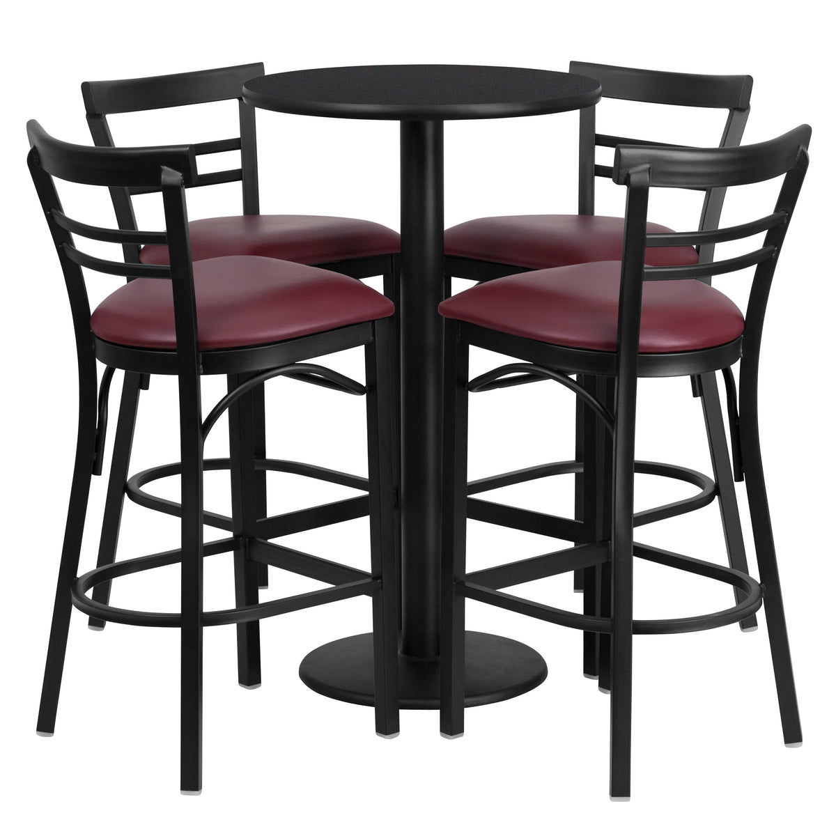 Flash Furniture RSRB1037-GG 24" Round Black Laminate Table with Round Base & 4 Ladder Back Metal Barstools (Black Top/Burgundy Vinyl Seat) - Main view