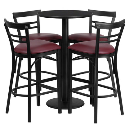 Flash Furniture RSRB1037-GG 24" Round Black Laminate Table with Round Base & 4 Ladder Back Metal Barstools (Black Top/Burgundy Vinyl Seat) - Main view