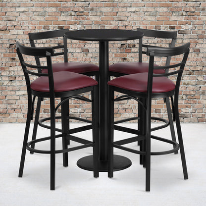 Flash Furniture RSRB1037-GG 24" Round Black Laminate Table with Round Base & 4 Ladder Back Metal Barstools (Black Top/Burgundy Vinyl Seat) - View 2